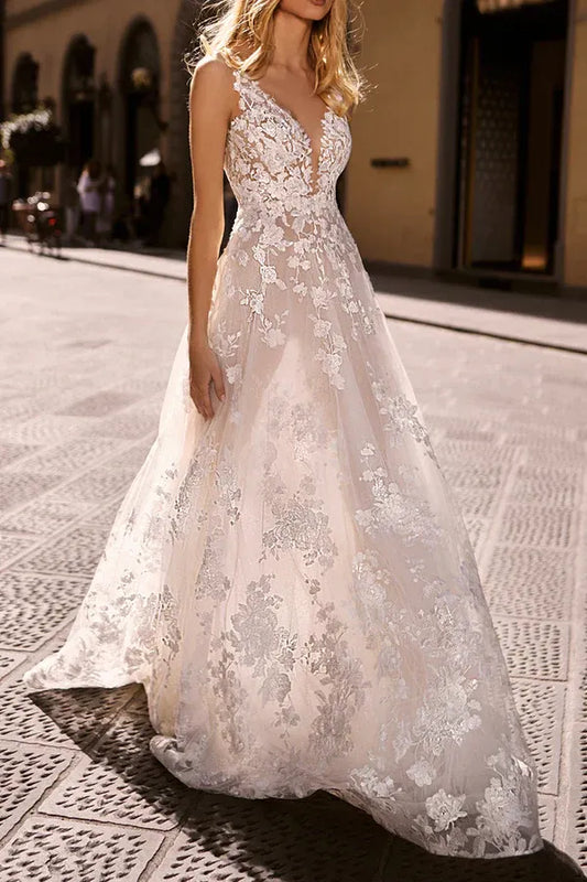 A-Line V-Neck Tulle Floor-Length Wedding Dress - Yihuiw by Yihuiw