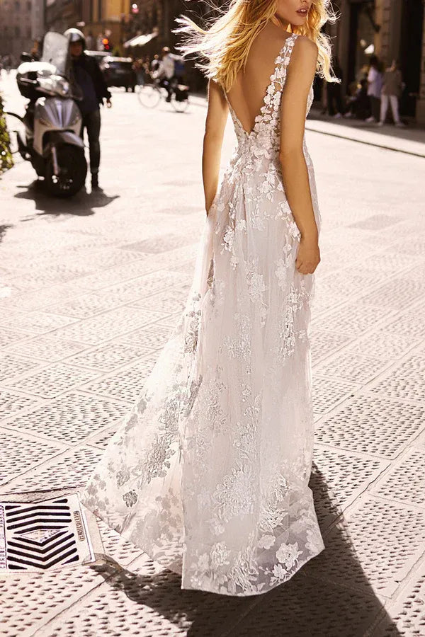 A-Line V-Neck Tulle Floor-Length Wedding Dress - Yihuiw by Yihuiw