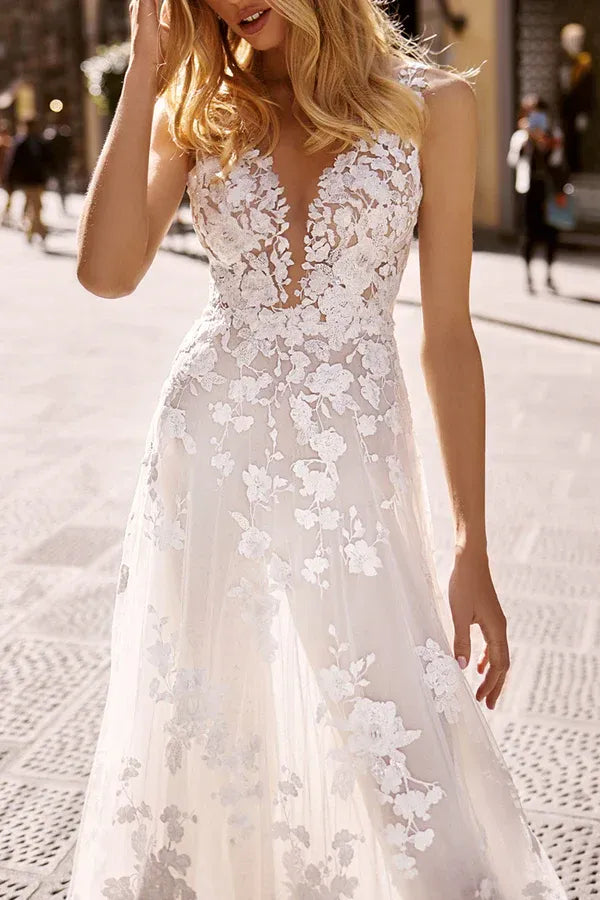 A-Line V-Neck Tulle Floor-Length Wedding Dress - Yihuiw by Yihuiw