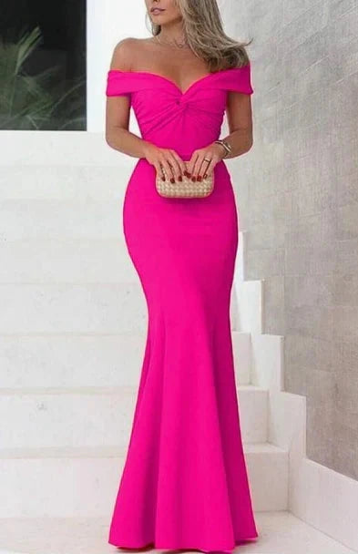 Bright pink off shoulder long dress, with off shoulder design suitable for weddings, dinners, etc by YiHuiw