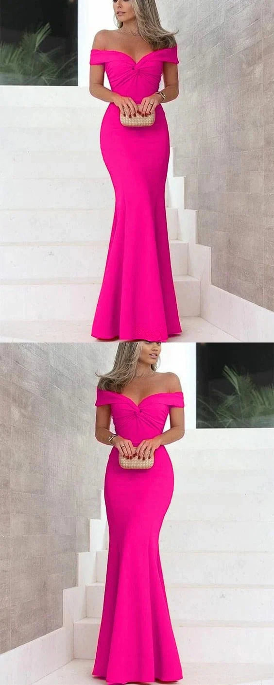 Bright pink off shoulder long dress, with off shoulder design suitable for weddings, dinners, etc by YiHuiw
