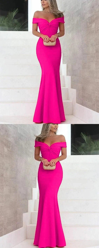 Bright pink off shoulder long dress, with off shoulder design suitable for weddings, dinners, etc by YiHuiw