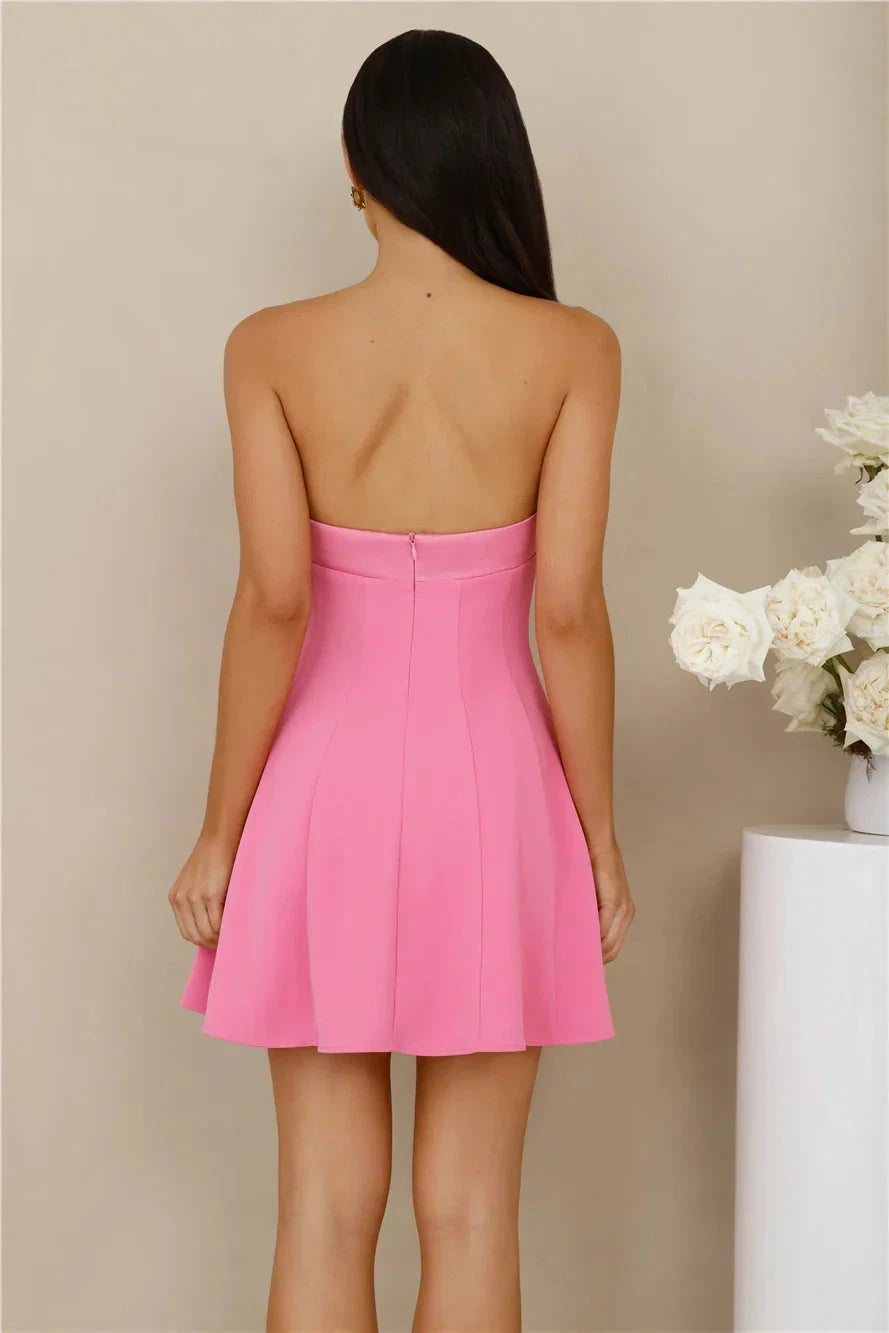 Bright pink strapless dress with bow decoration at the collar, suitable for parties, dates and other occasions by YiHuiw