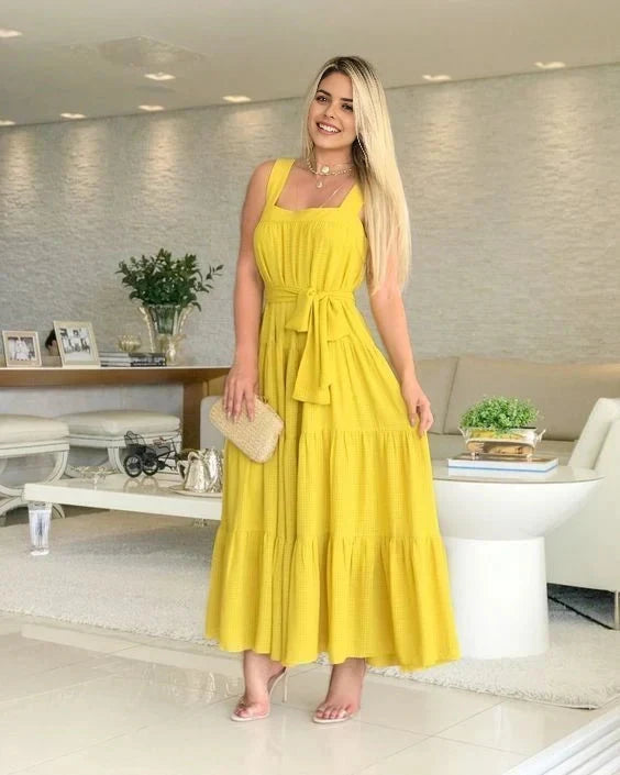 Bright yellow camisole long dress with square neckline and multiple layers of ruffled hem at the bottom of the camisole, suitable for daily outings, dates, or vacations by YiHuiw