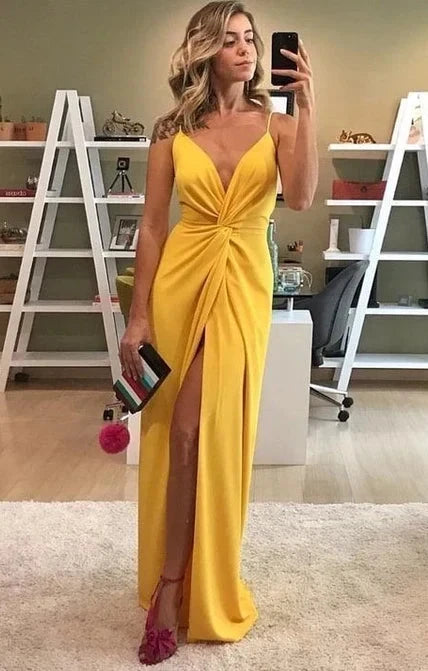 Bright yellow long camisole dress with deep V-neckline design suitable for dinners, parties, red carpets, etc by YiHuiw
