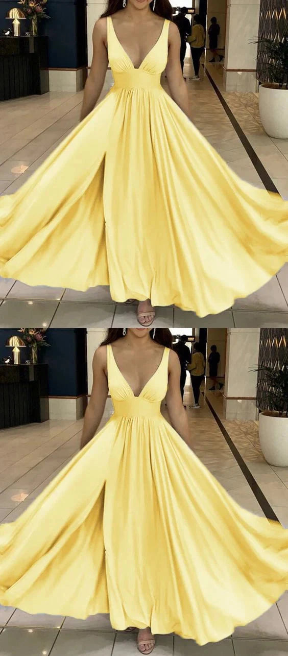 Bright yellow long dress with deep V-belt, high waist and large skirt, suitable for occasions such as dinners and dances by YiHuiw