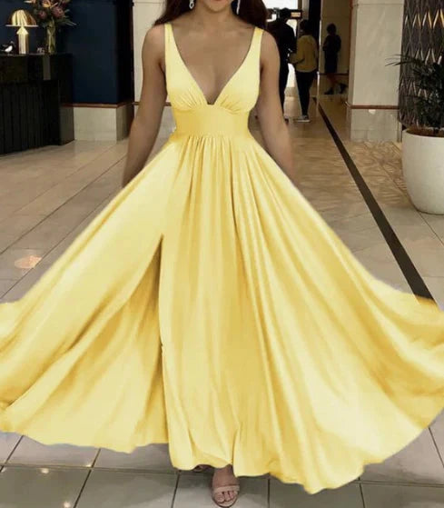 Bright yellow long dress with deep V-belt, high waist and large skirt, suitable for occasions such as dinners and dances by YiHuiw