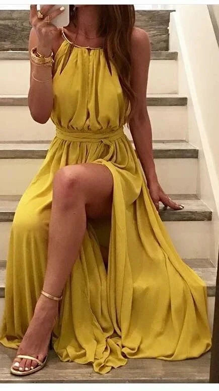 Bright yellow long dress with neck collar, cinched waist tie, high slit hem suitable for vacations and dinners by YiHuiw