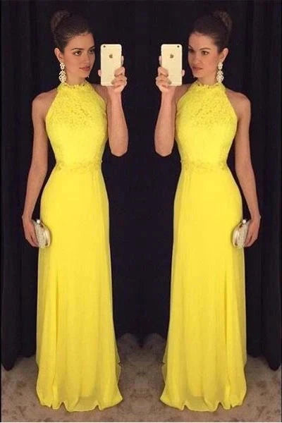 Bright yellow neck hanging style long dress, with a neck hanging design and lace decoration on the upper body, suitable for dinners, weddings, etc by YiHuiw