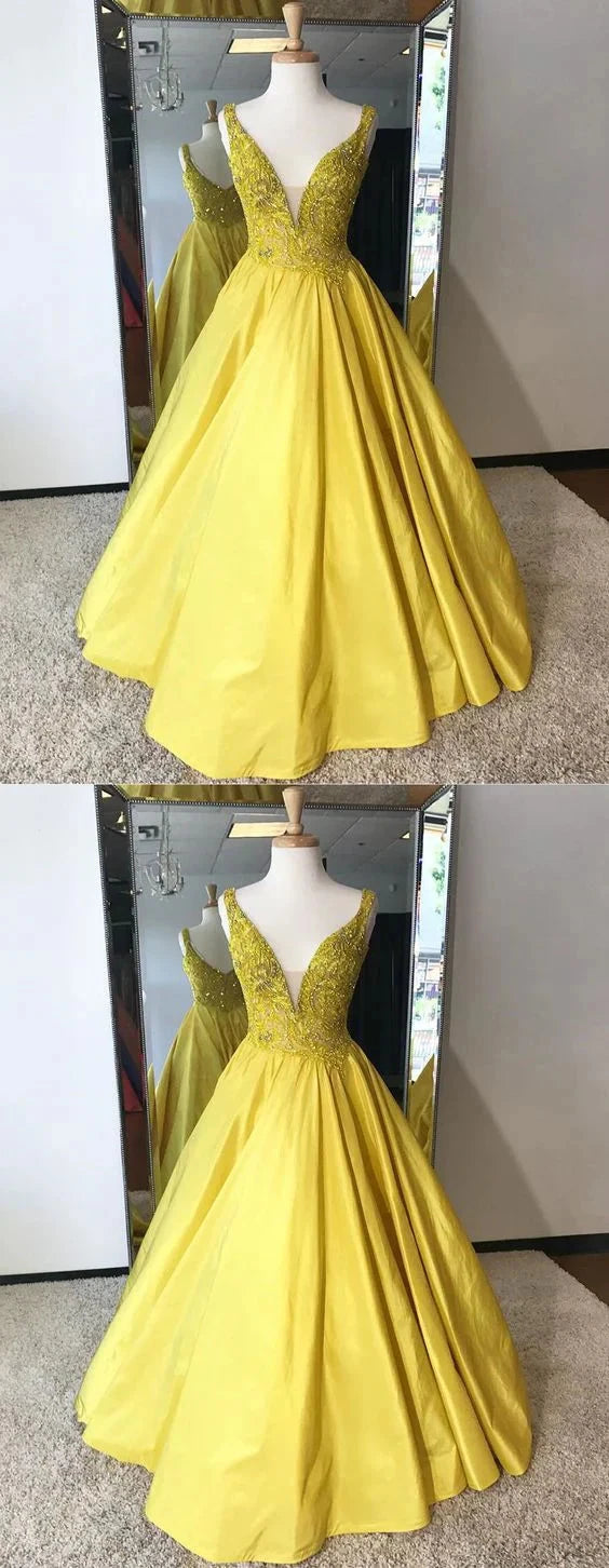Bright yellow satin dress with deep V-neck design and exquisite bead embroidery decoration on the upper body by YiHuiw