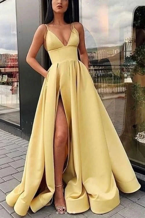 Bright yellow satin dress with suspender and deep V-neck, suitable for dinners, dances, etc by YiHuiw