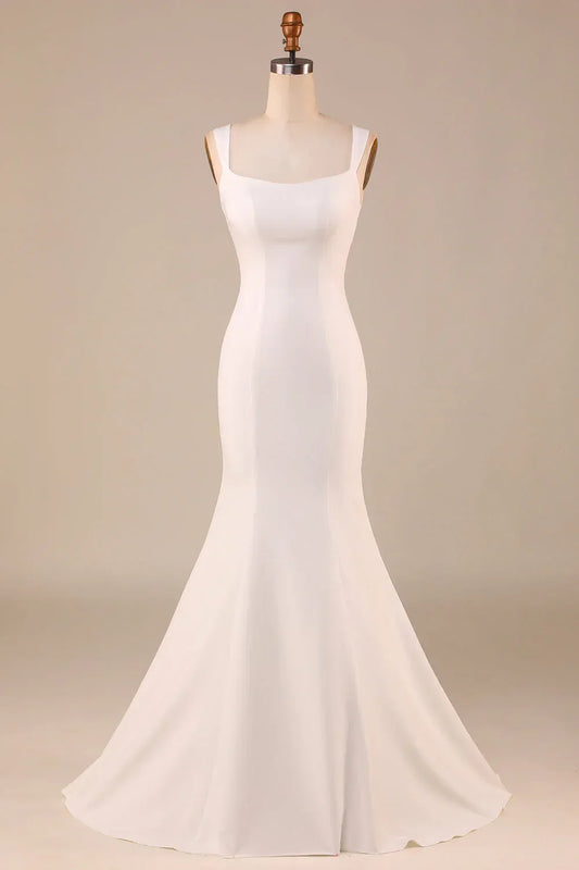 Mermaid Square Neck Crepe Train Wedding Dress - Yihuiw by Yihuiw