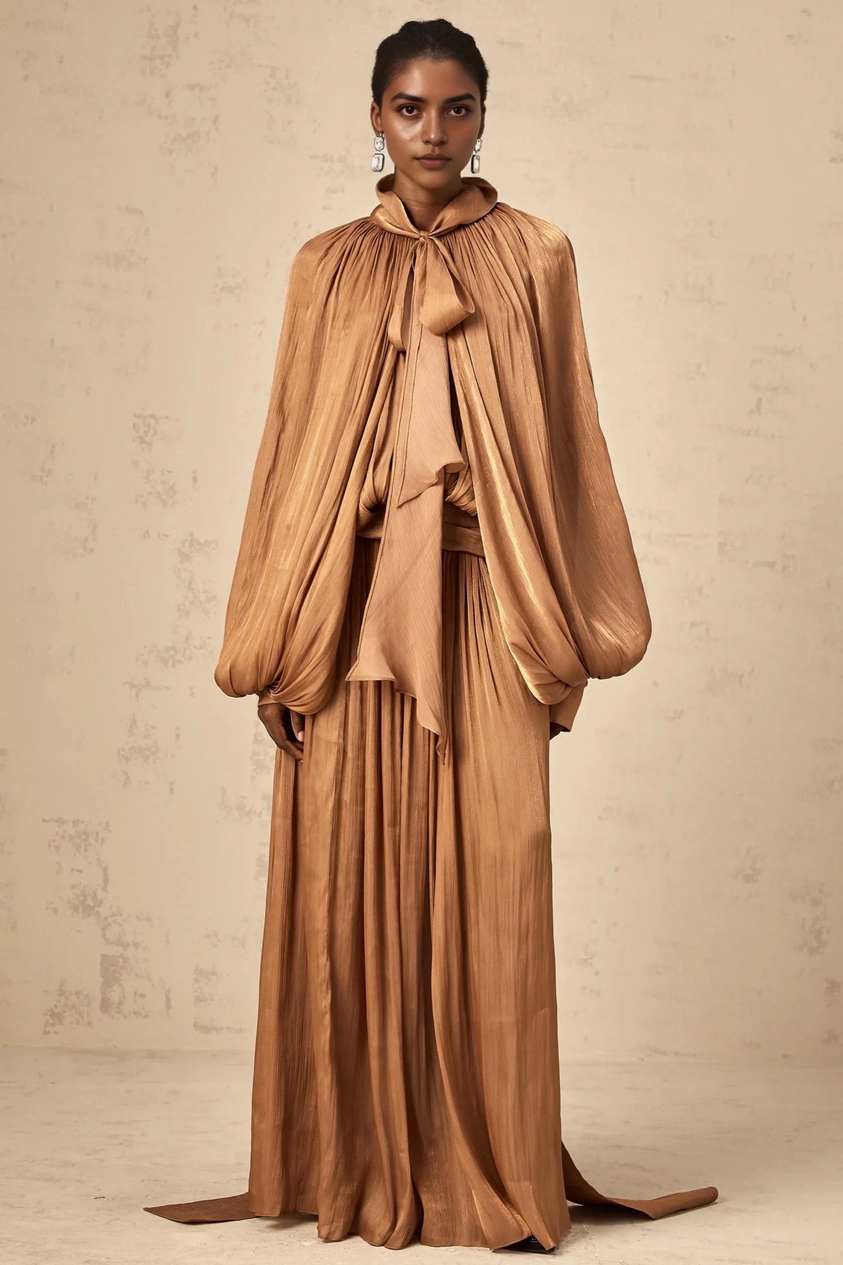 Bronze Draped Maxi Dress with Tie Neck Detail Mila Brown Pleated Satin Maxi Dress Evening Dress by YiHuiw