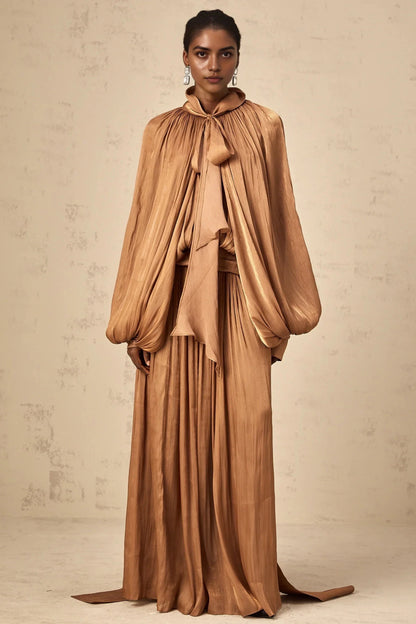 Bronze Draped Maxi Dress with Tie Neck Detail Mila Brown Pleated Satin Maxi Dress Evening Dress by YiHuiw
