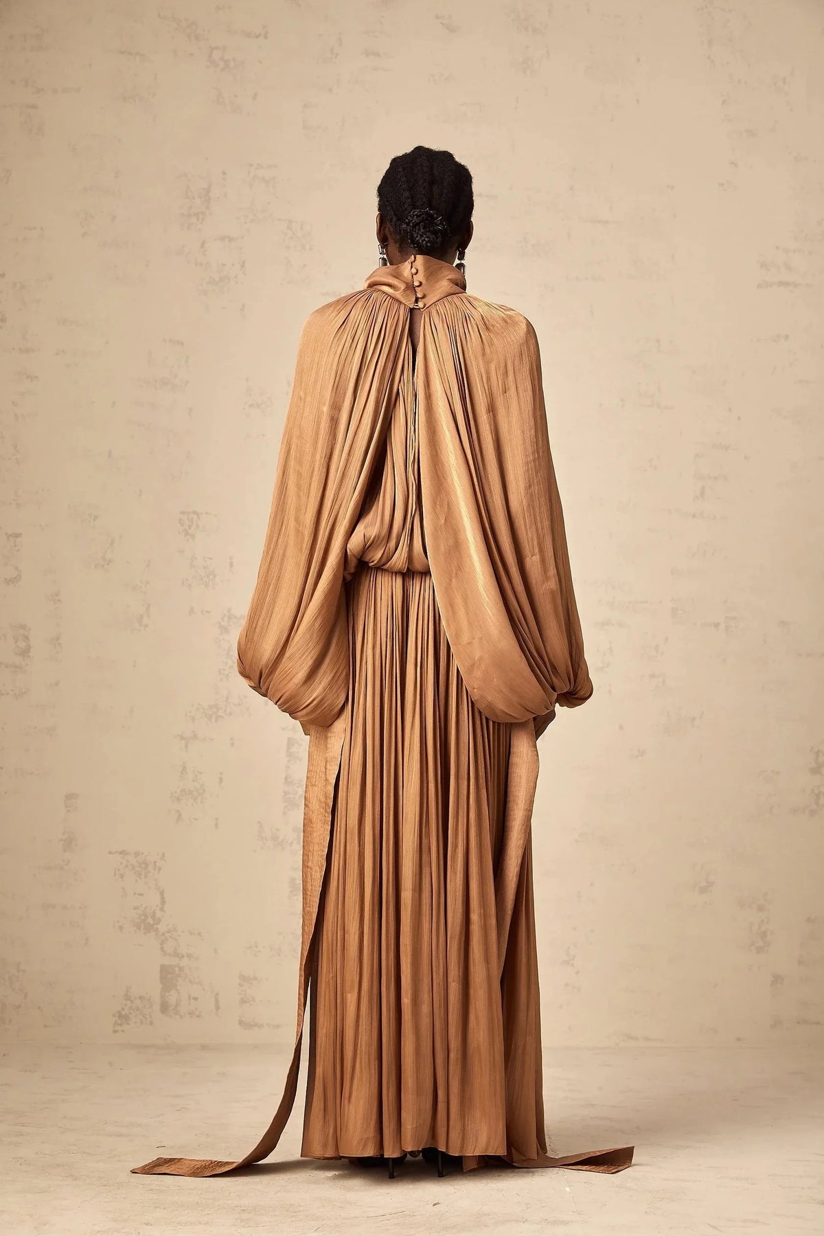 Bronze Draped Maxi Dress with Tie Neck Detail Mila Brown Pleated Satin Maxi Dress Evening Dress by YiHuiw