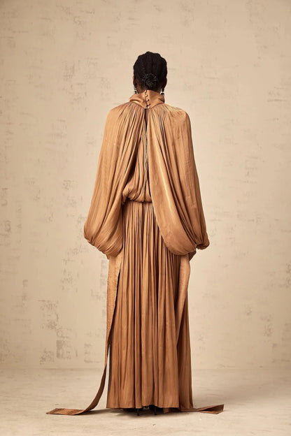 Bronze Draped Maxi Dress with Tie Neck Detail Mila Brown Pleated Satin Maxi Dress Evening Dress by YiHuiw
