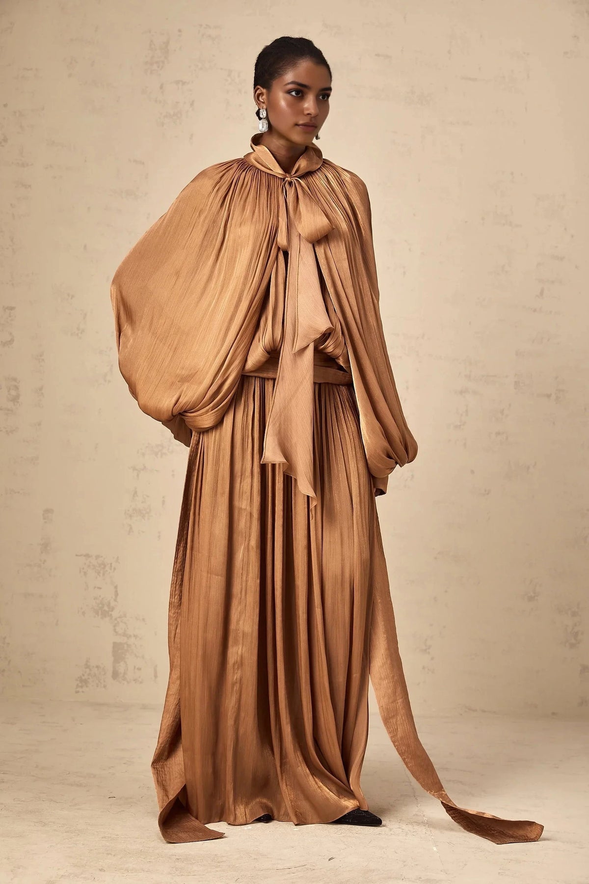 Bronze Draped Maxi Dress with Tie Neck Detail Mila Brown Pleated Satin Maxi Dress Evening Dress by YiHuiw