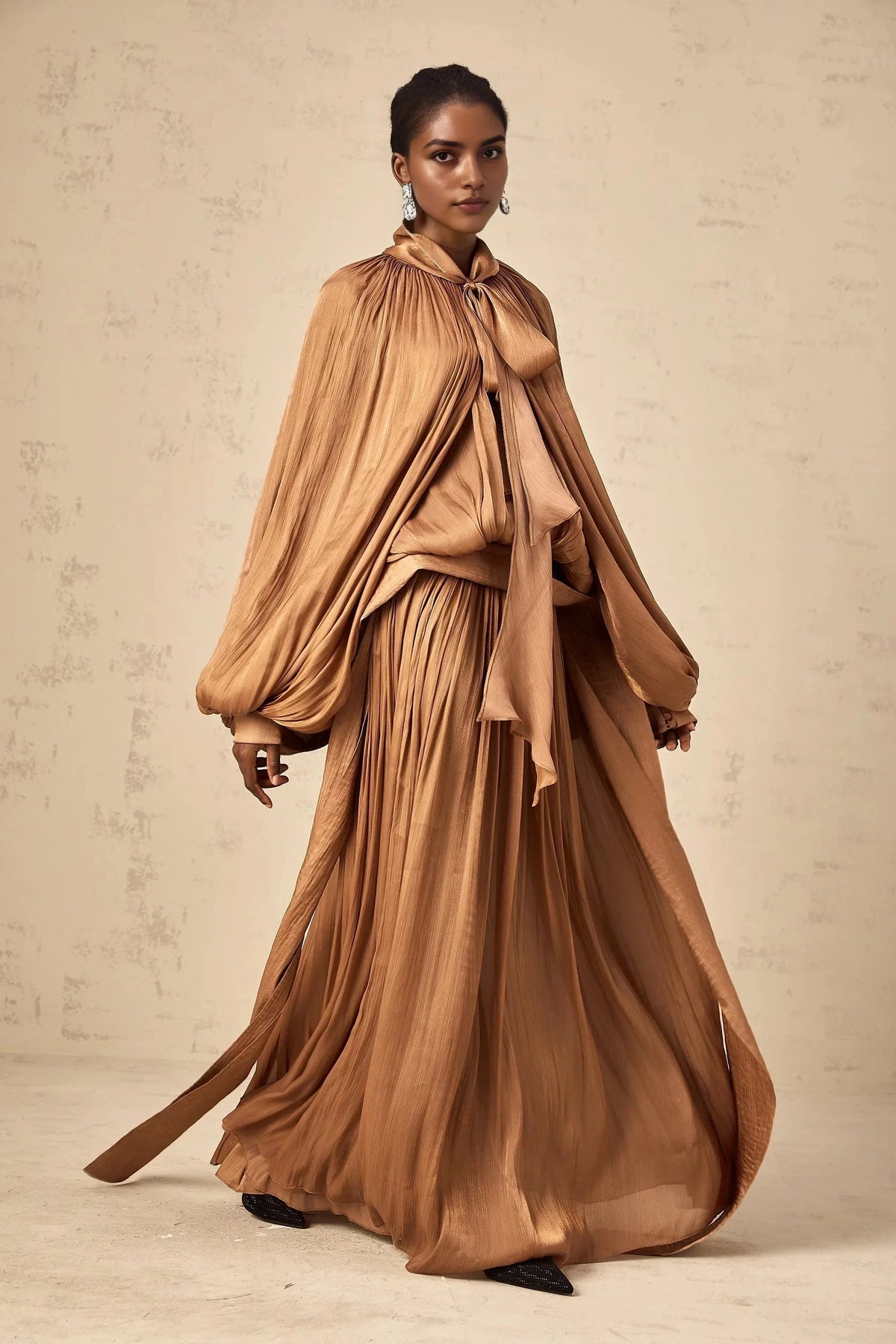 Bronze Draped Maxi Dress with Tie Neck Detail Mila Brown Pleated Satin Maxi Dress Evening Dress by YiHuiw