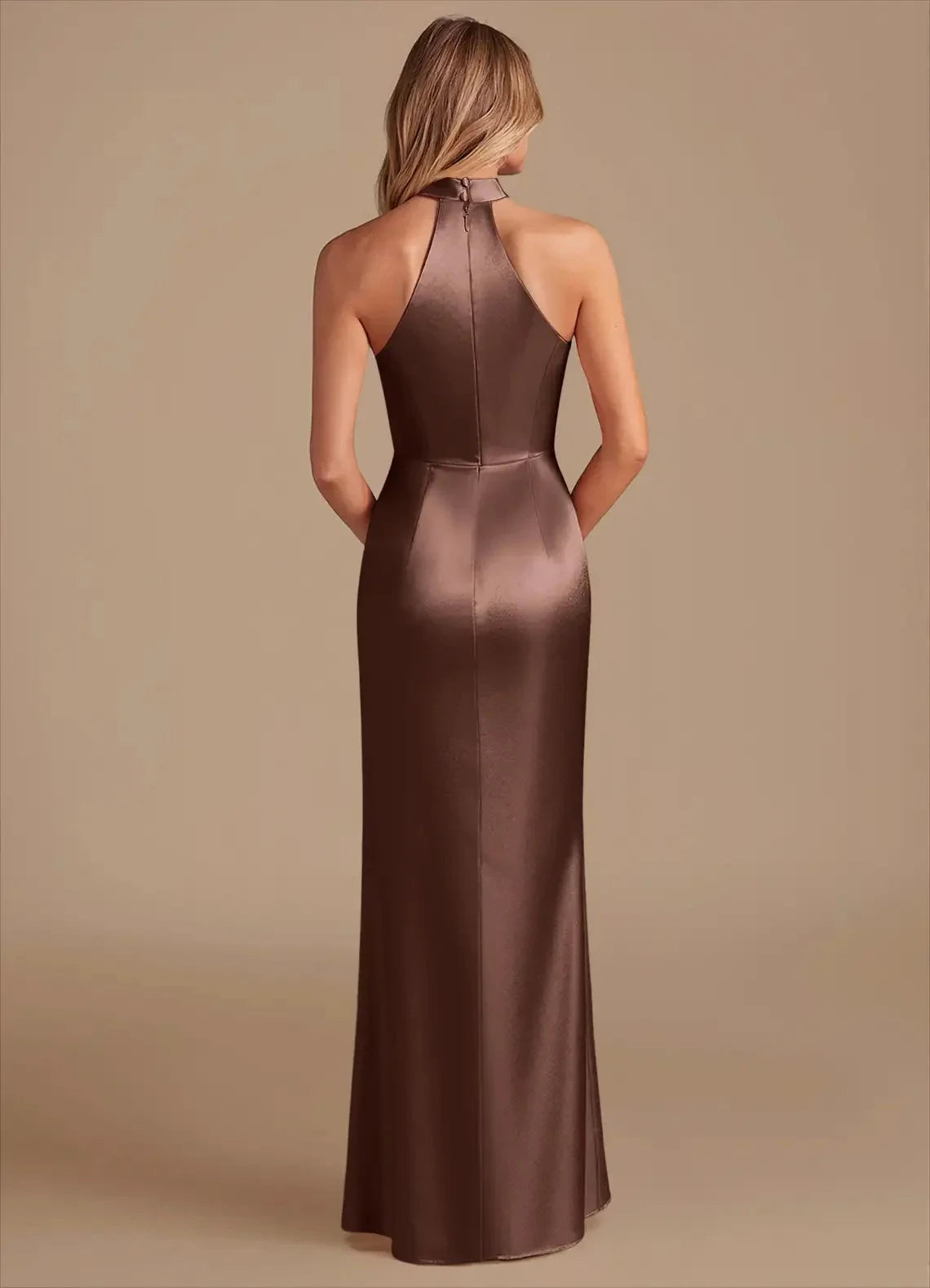 Bronze Satin Halter Neck Maxi Dress with Side Slit Sheath Pleated Metallic Satin Dress Bridesmaid Dresses by YiHuiw