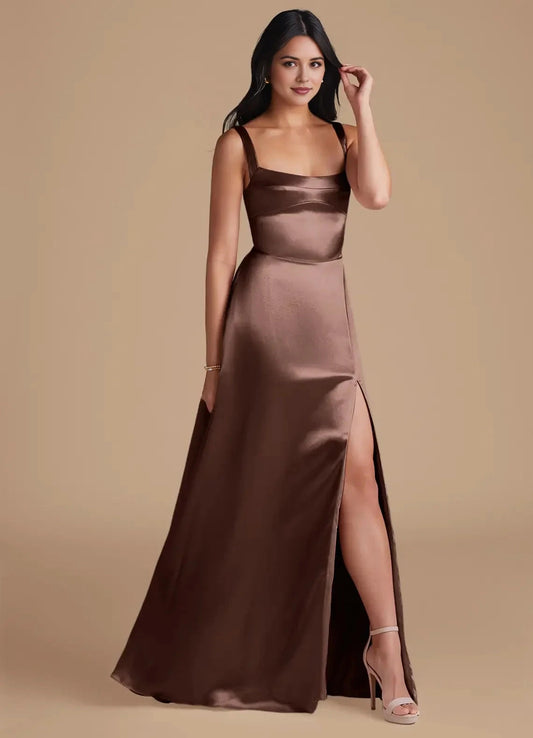 Bronze Satin Square Neck Maxi with Side Slit and V-Back A-Line Pockets Metallic Bridesmaid Dresses by YiHuiw