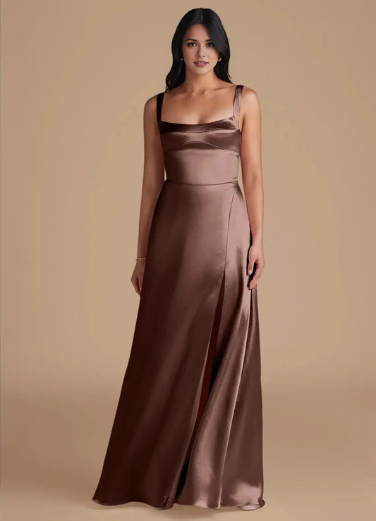 Bronze Satin Square Neck Maxi with Side Slit and V-Back A-Line Pockets Metallic Bridesmaid Dresses by YiHuiw