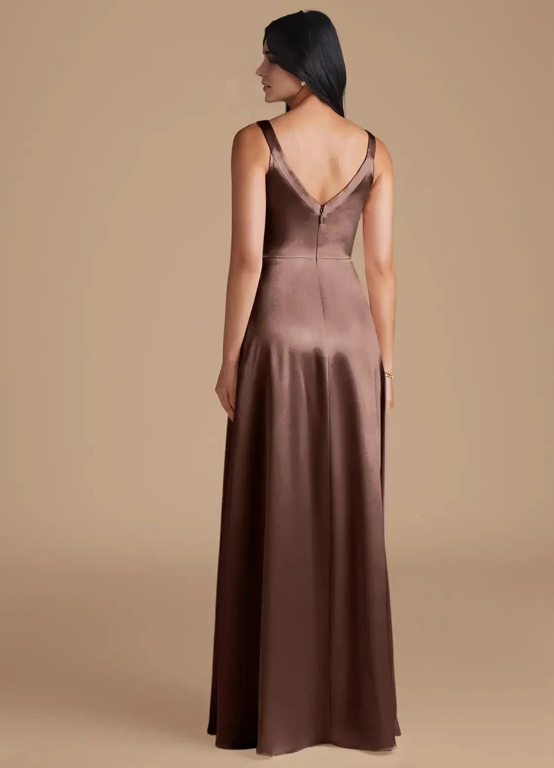 Bronze Satin Square Neck Maxi with Side Slit and V-Back A-Line Pockets Metallic Bridesmaid Dresses by YiHuiw