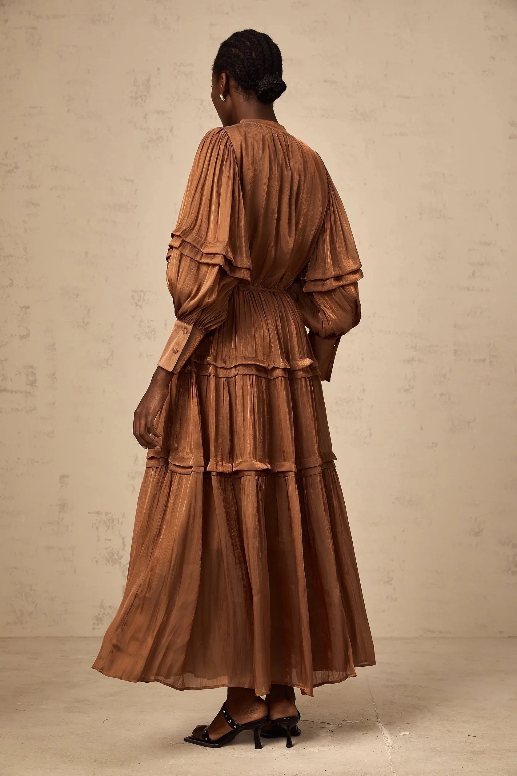 Bronze Tiered Long Sleeve Maxi Dress Emma brown ruffled-trim tiered maxi dress Evening Dress by YiHuiw