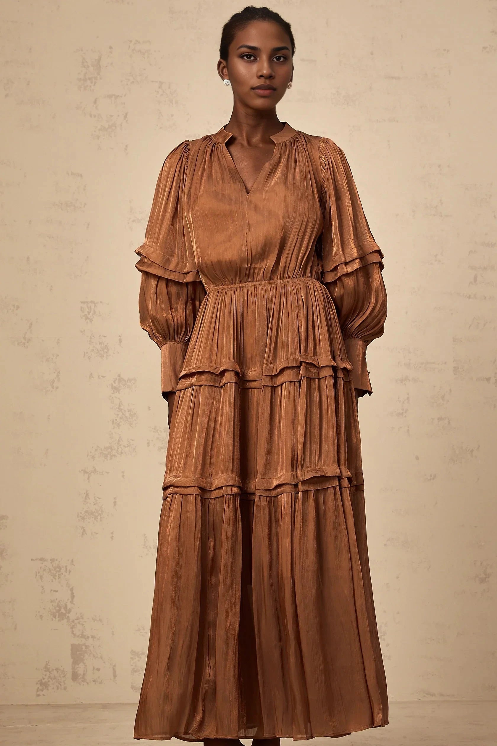 Bronze Tiered Long Sleeve Maxi Dress Emma brown ruffled-trim tiered maxi dress Evening Dress by YiHuiw