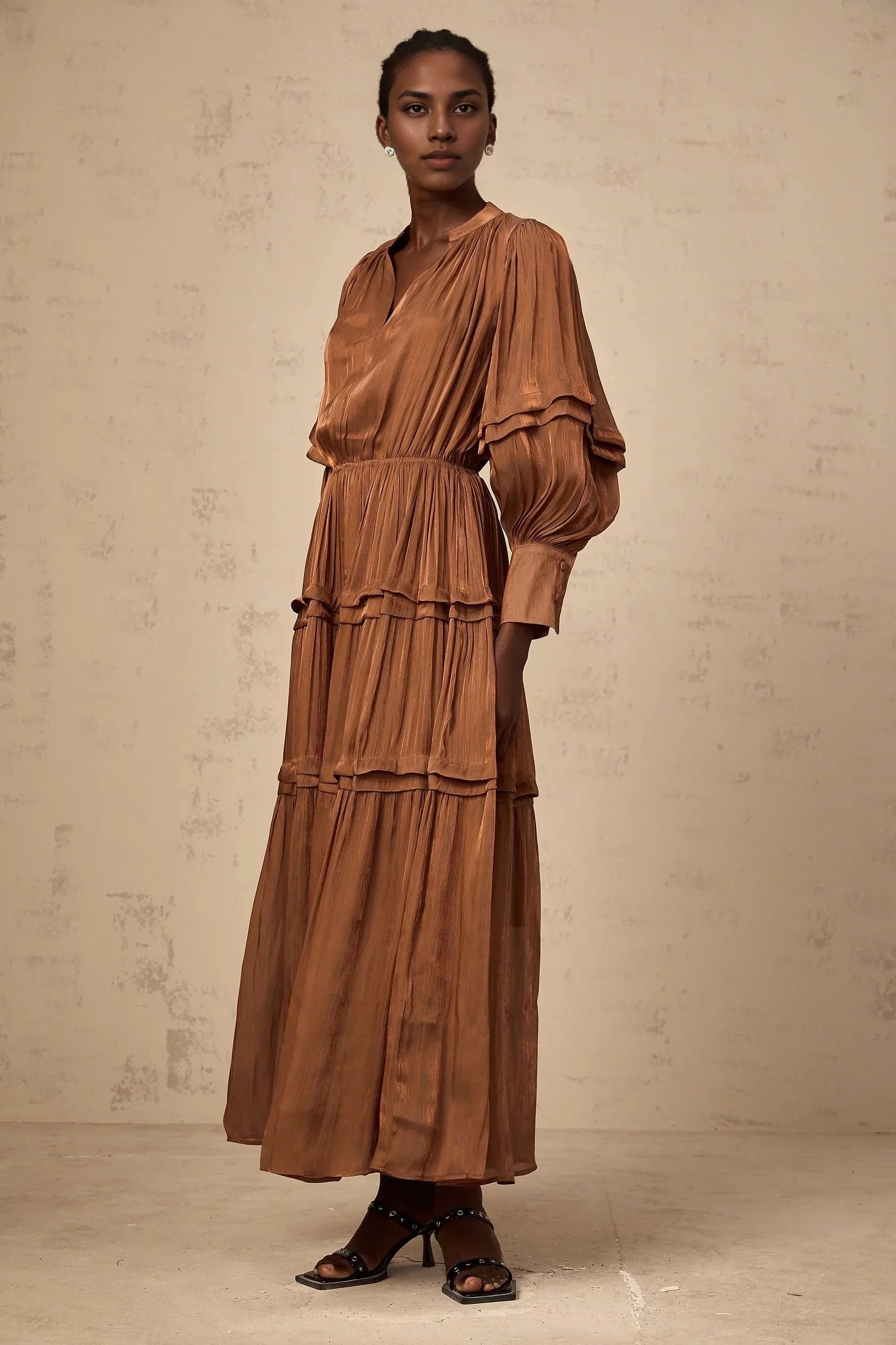 Bronze Tiered Long Sleeve Maxi Dress Emma brown ruffled-trim tiered maxi dress Evening Dress by YiHuiw