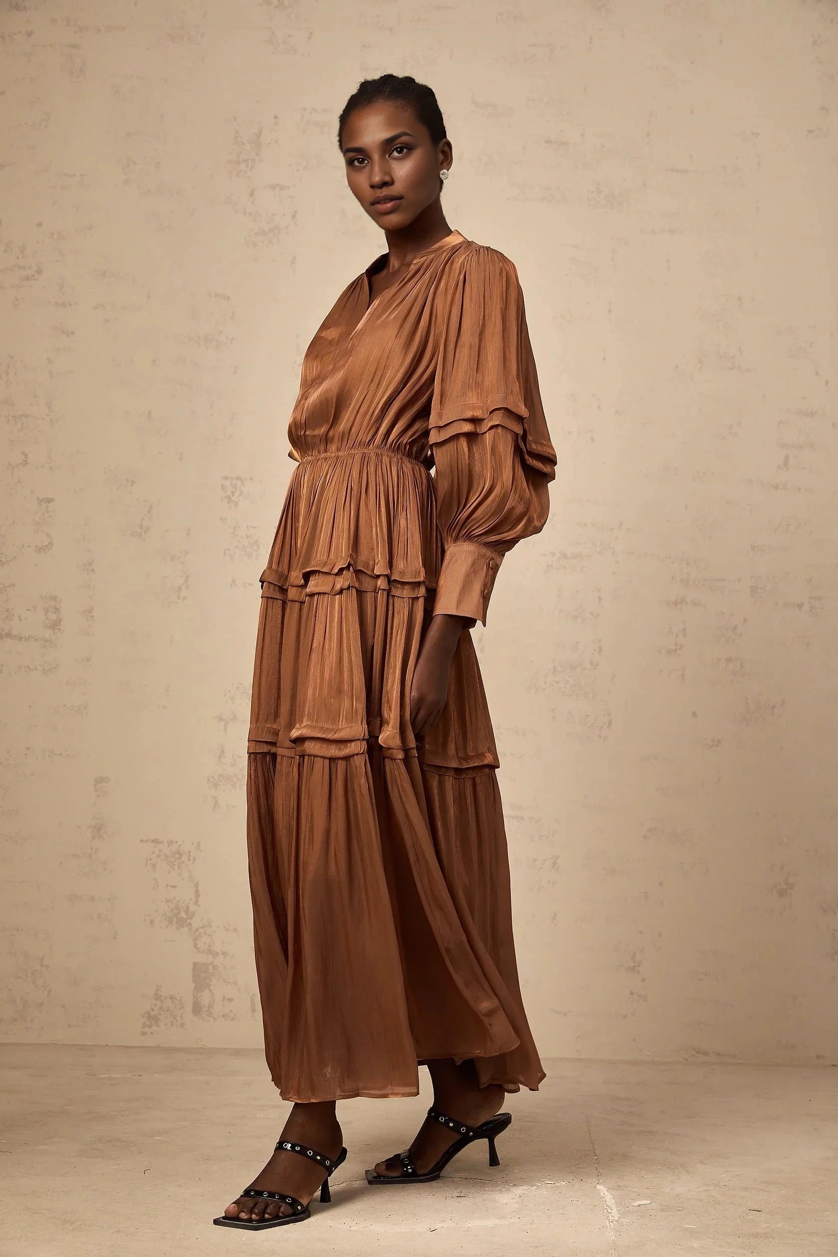 Bronze Tiered Long Sleeve Maxi Dress Emma brown ruffled-trim tiered maxi dress Evening Dress by YiHuiw