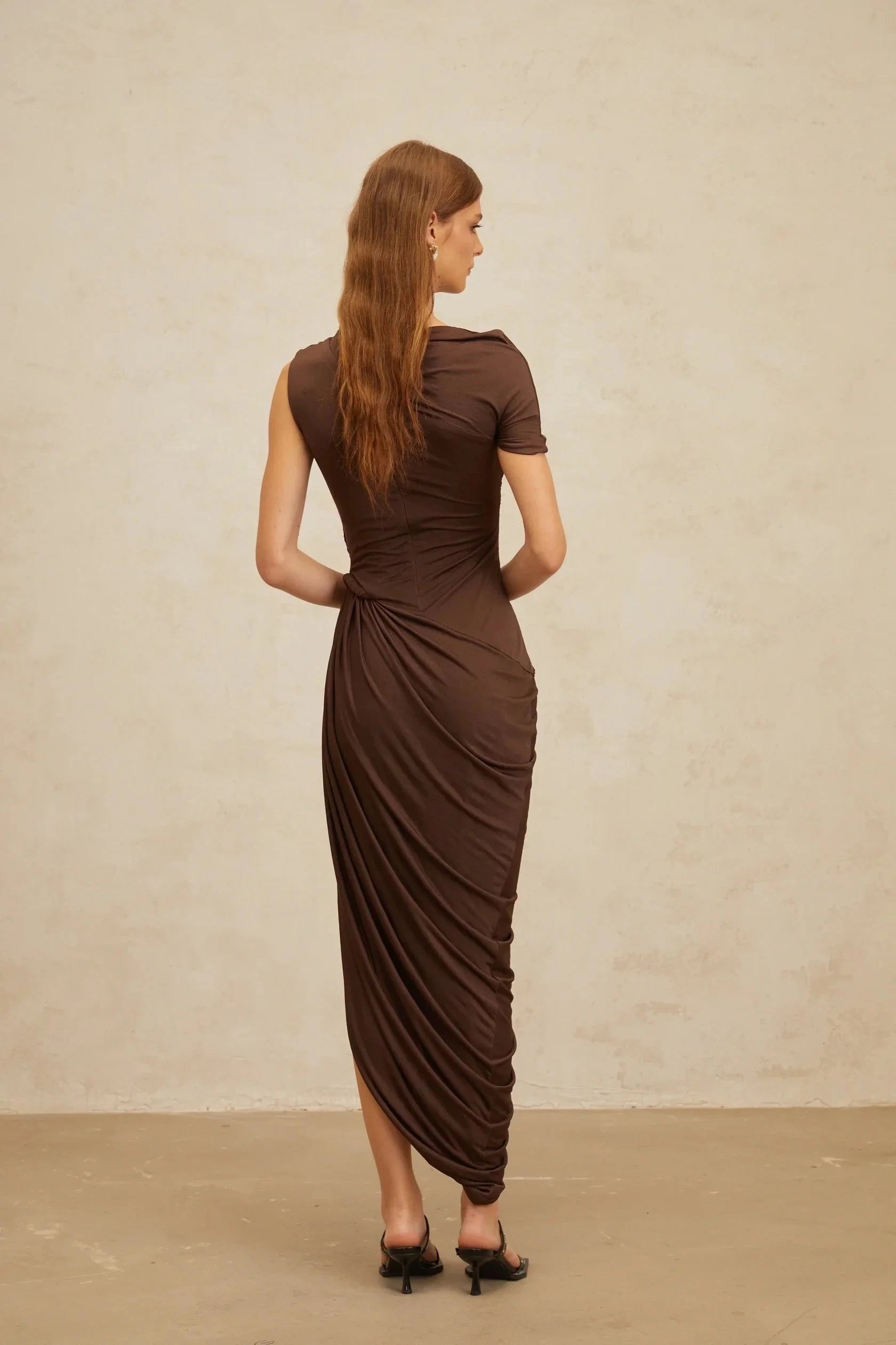 Brown Asymmetric Draped Midi Dress with Stud Detail Prune Brown Night Out Asymmetrical Ruched Midi Dress Evening Dress by YiHuiw