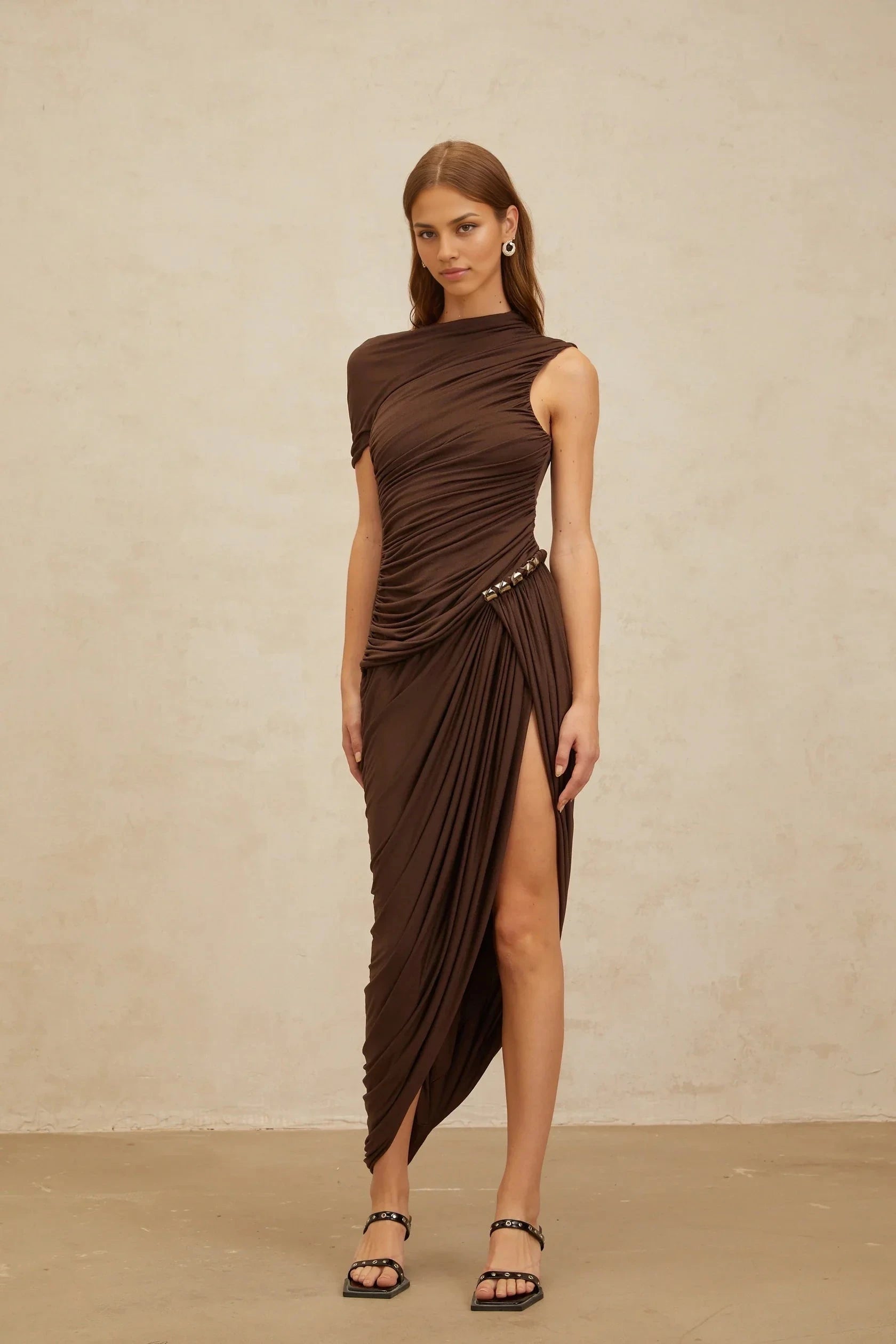 Brown Asymmetric Draped Midi Dress with Stud Detail Prune Brown Night Out Asymmetrical Ruched Midi Dress Evening Dress by YiHuiw