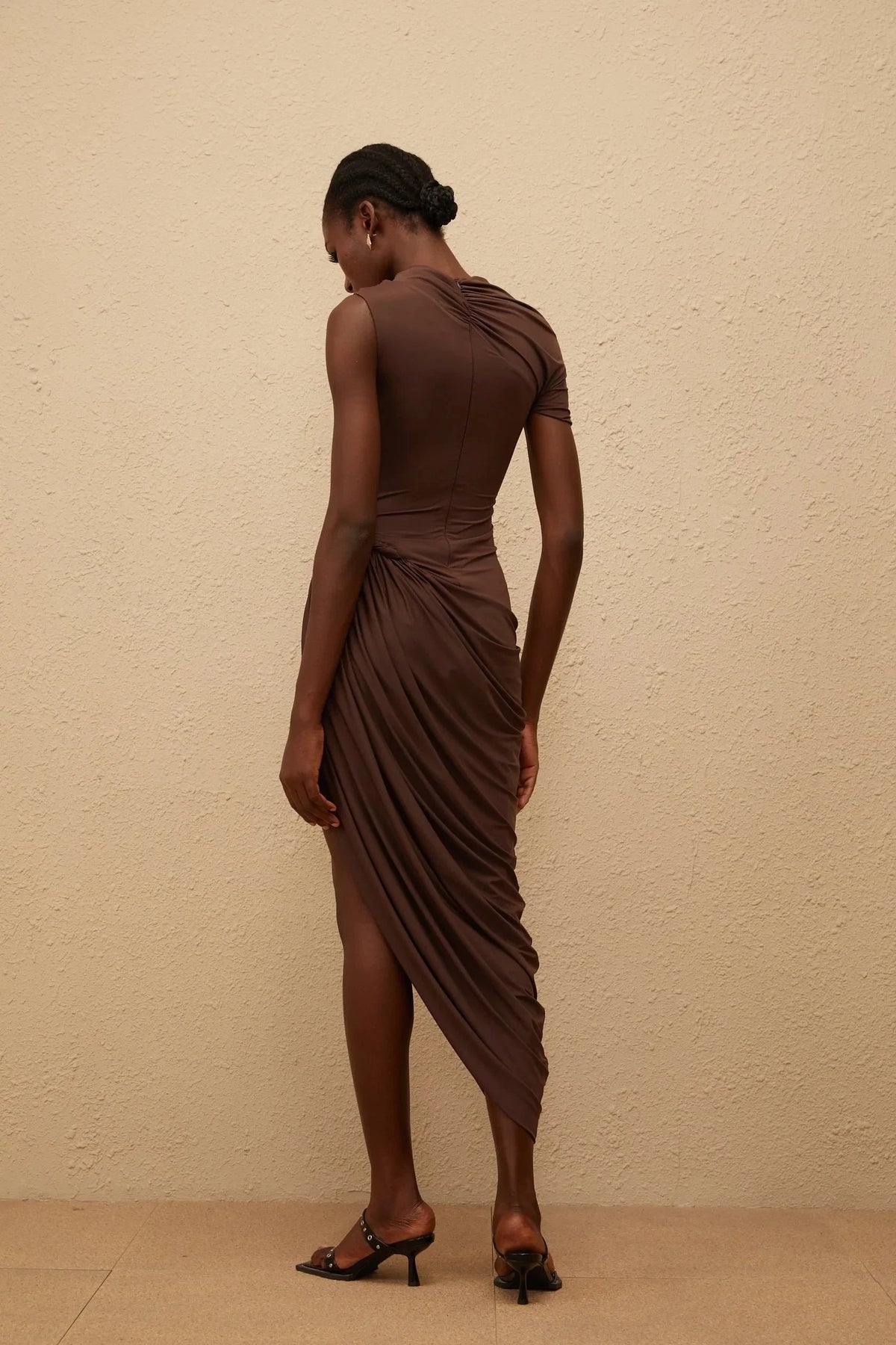 Brown Asymmetric Ruched Dress with Stud Detail Prune Brown Night Out Asymmetrical Ruched Midi Dress Evening Dress by YiHuiw