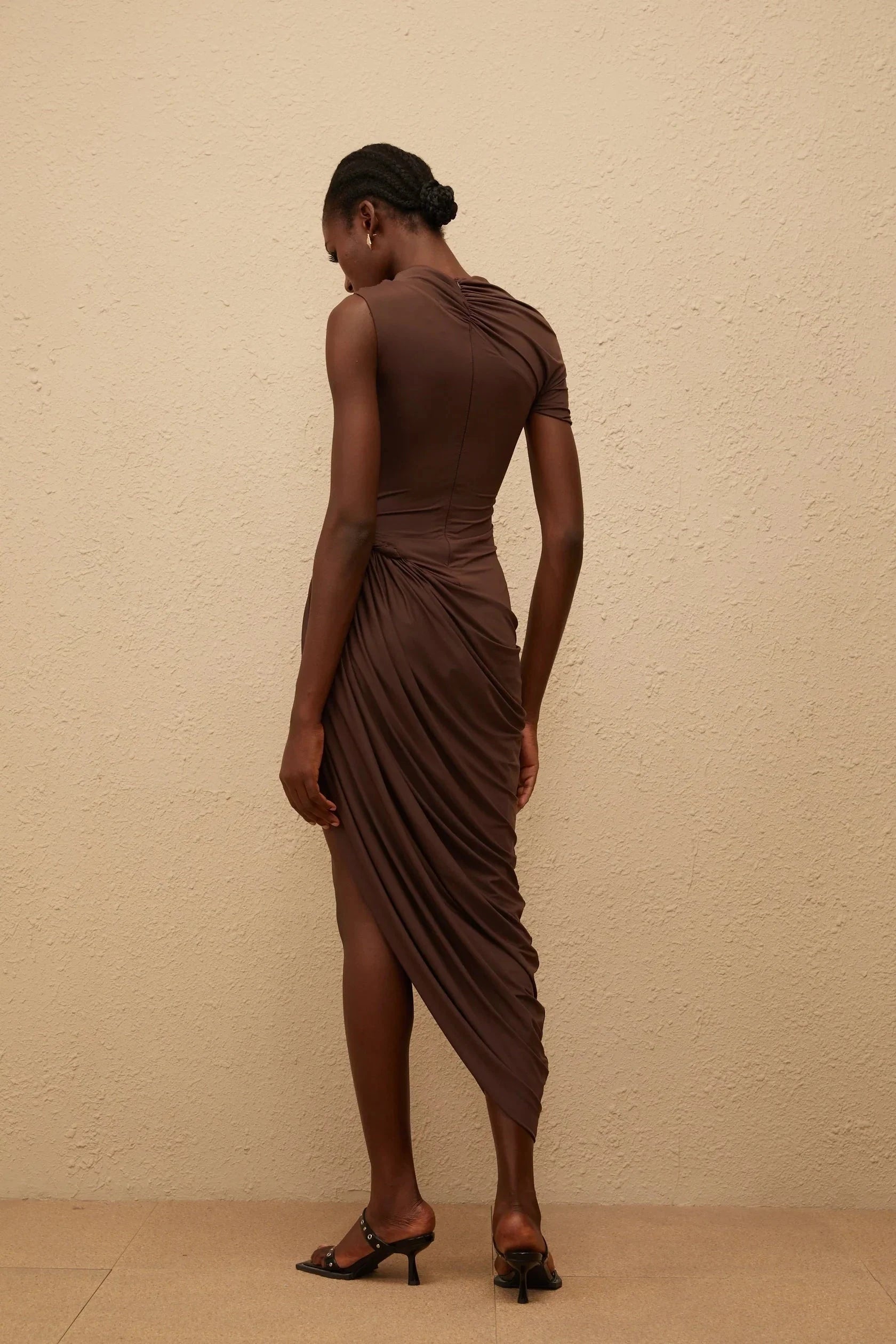 Brown Asymmetric Ruched Dress with Stud Detail Prune Brown Night Out Asymmetrical Ruched Midi Dress Evening Dress by YiHuiw