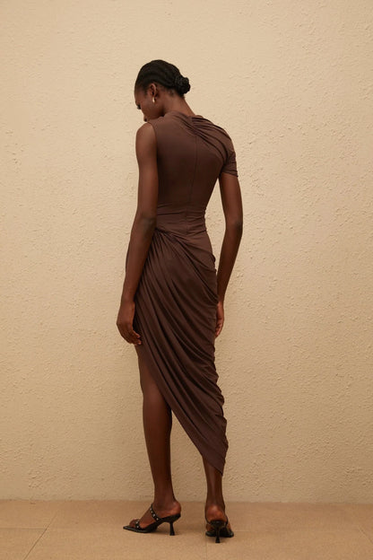 Brown Asymmetric Ruched Dress with Stud Detail Prune Brown Night Out Asymmetrical Ruched Midi Dress Evening Dress by YiHuiw