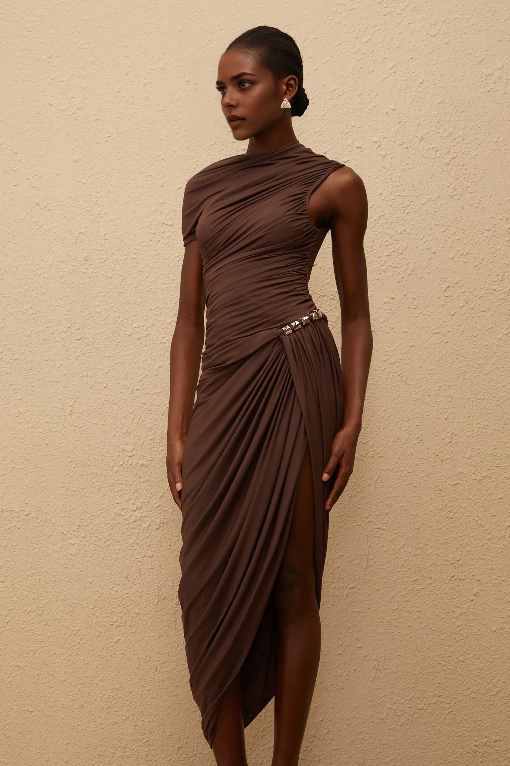 Brown Asymmetric Ruched Dress with Stud Detail Prune Brown Night Out Asymmetrical Ruched Midi Dress Evening Dress by YiHuiw