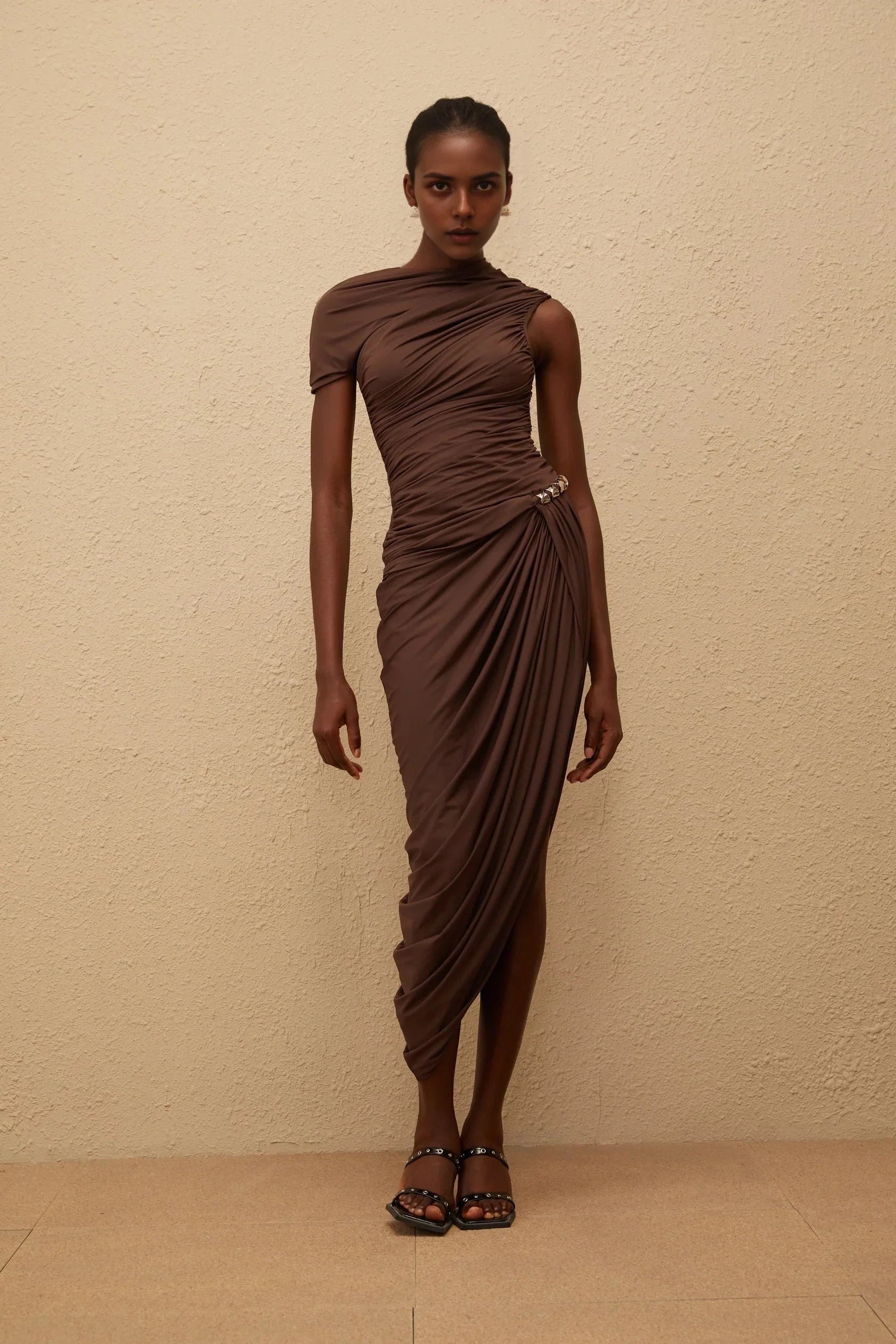 Brown Asymmetric Ruched Dress with Stud Detail Prune Brown Night Out Asymmetrical Ruched Midi Dress Evening Dress by YiHuiw