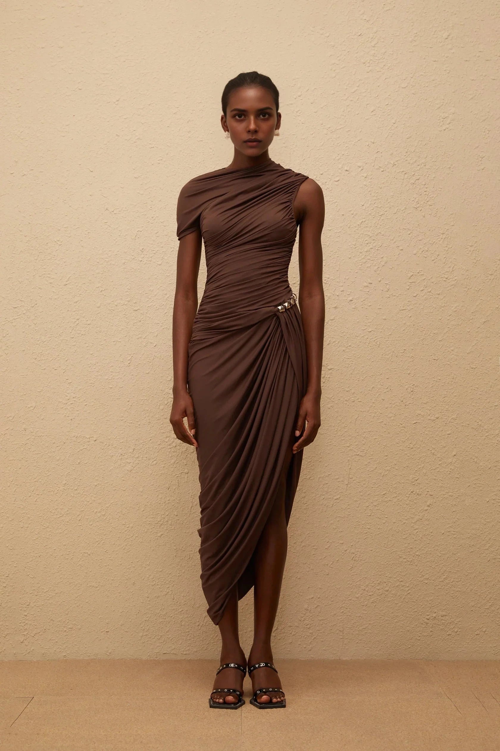 Brown Asymmetric Ruched Dress with Stud Detail Prune Brown Night Out Asymmetrical Ruched Midi Dress Evening Dress by YiHuiw