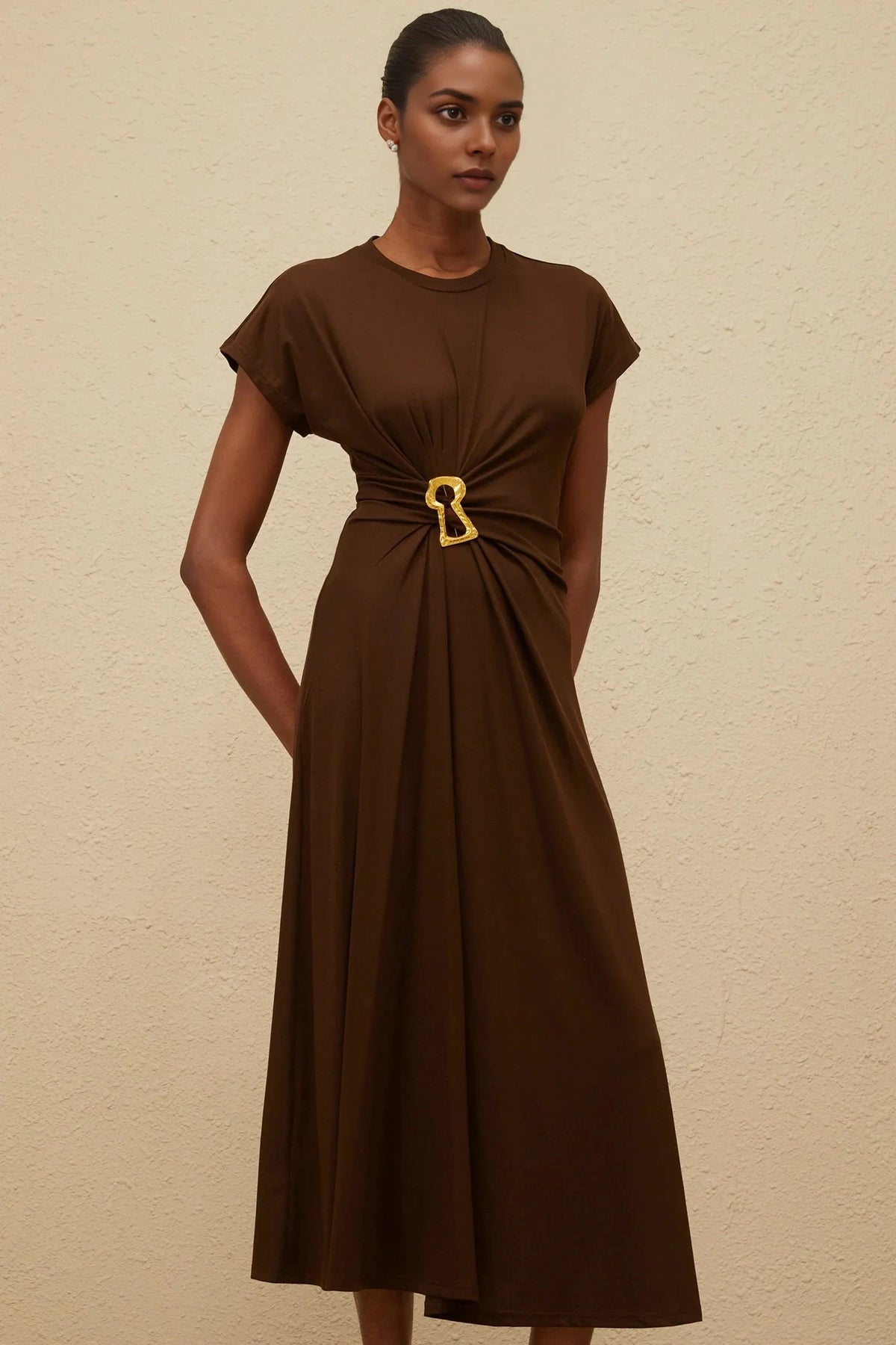 Brown Cap - Sleeve Midi Dress with Gold Buckle Brown Gathered Keyhole Midi Dress Evening Dress by YiHuiw