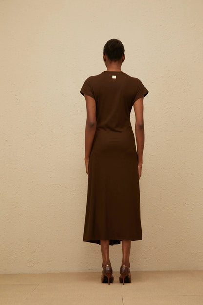 Brown Cap - Sleeve Midi Dress with Gold Buckle Brown Gathered Keyhole Midi Dress Evening Dress by YiHuiw