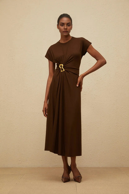 Brown Cap - Sleeve Midi Dress with Gold Buckle Brown Gathered Keyhole Midi Dress Evening Dress by YiHuiw