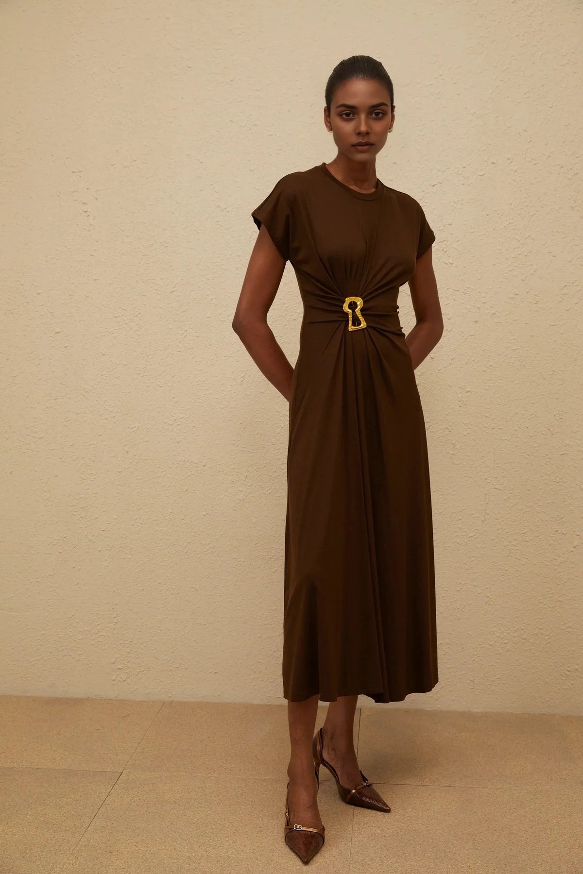 Brown Cap - Sleeve Midi Dress with Gold Buckle Brown Gathered Keyhole Midi Dress Evening Dress by YiHuiw