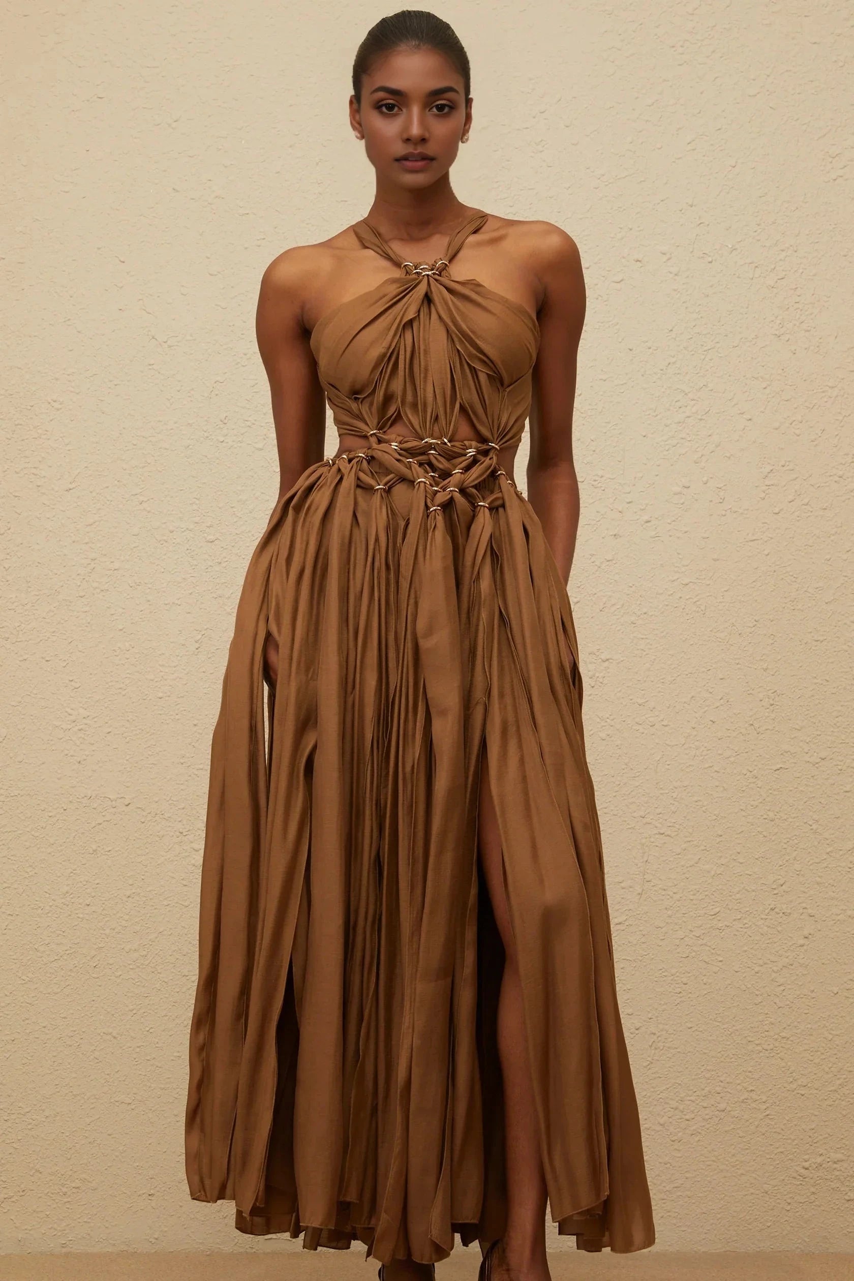 Brown Halter Neck Maxi Dress with Cutout Detail Brown Braided Cutout Shirred Dress Evening Dress by YiHuiw