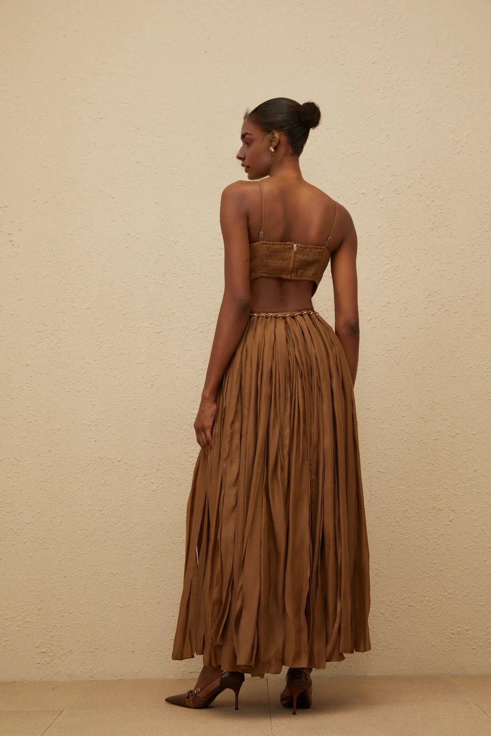 Brown Halter Neck Maxi Dress with Cutout Detail Brown Braided Cutout Shirred Dress Evening Dress by YiHuiw