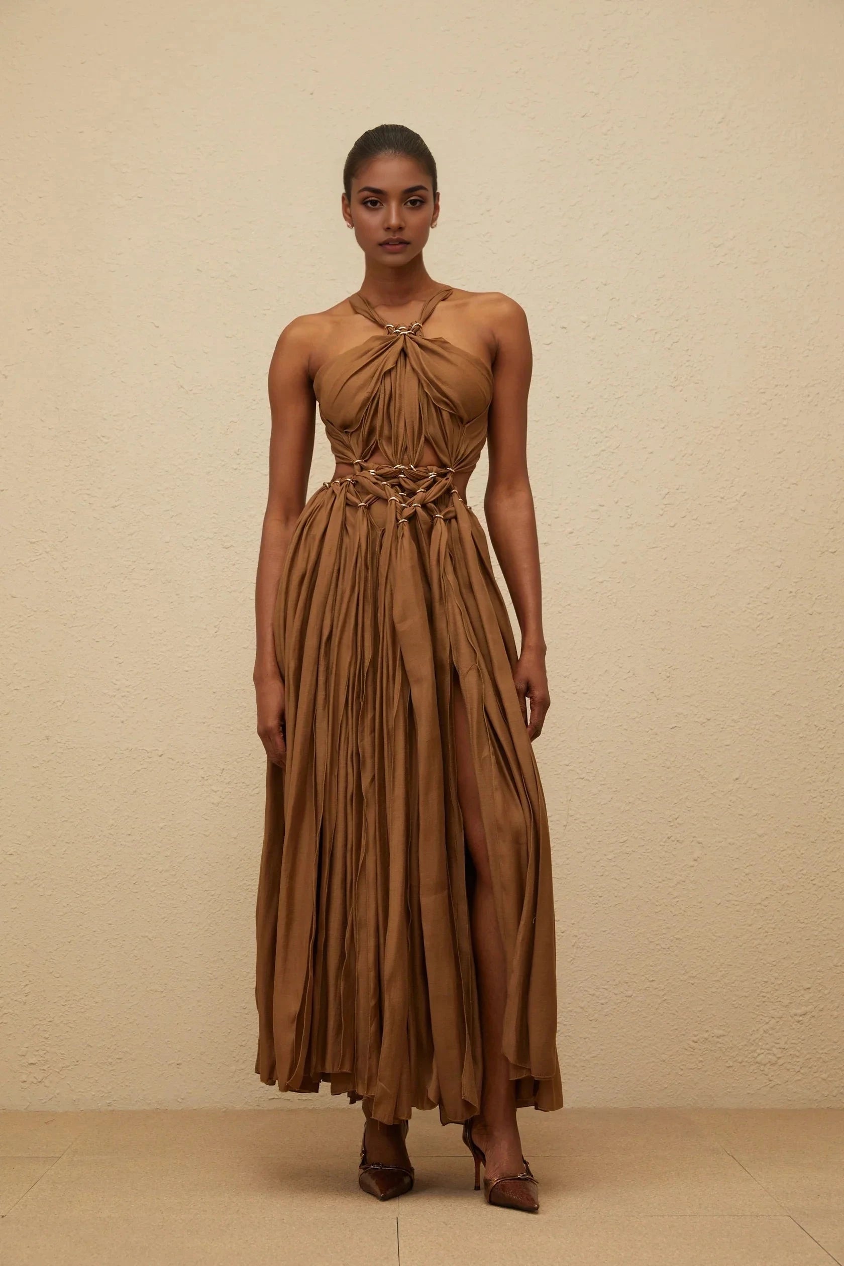 Brown Halter Neck Maxi Dress with Cutout Detail Brown Braided Cutout Shirred Dress Evening Dress by YiHuiw