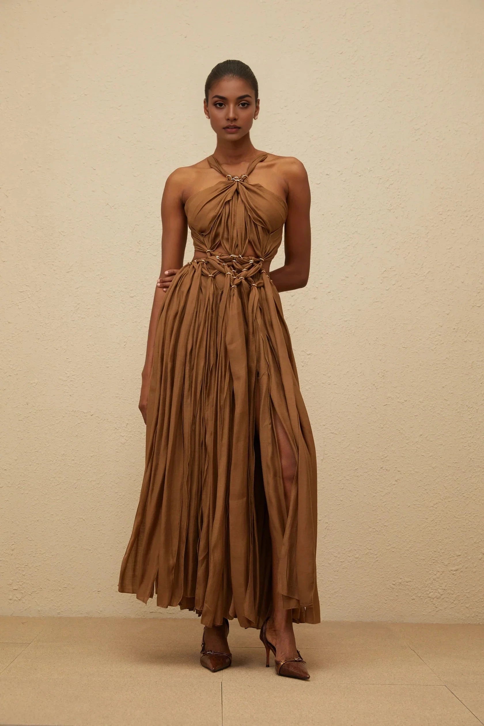 Brown Halter Neck Maxi Dress with Cutout Detail Brown Braided Cutout Shirred Dress Evening Dress by YiHuiw