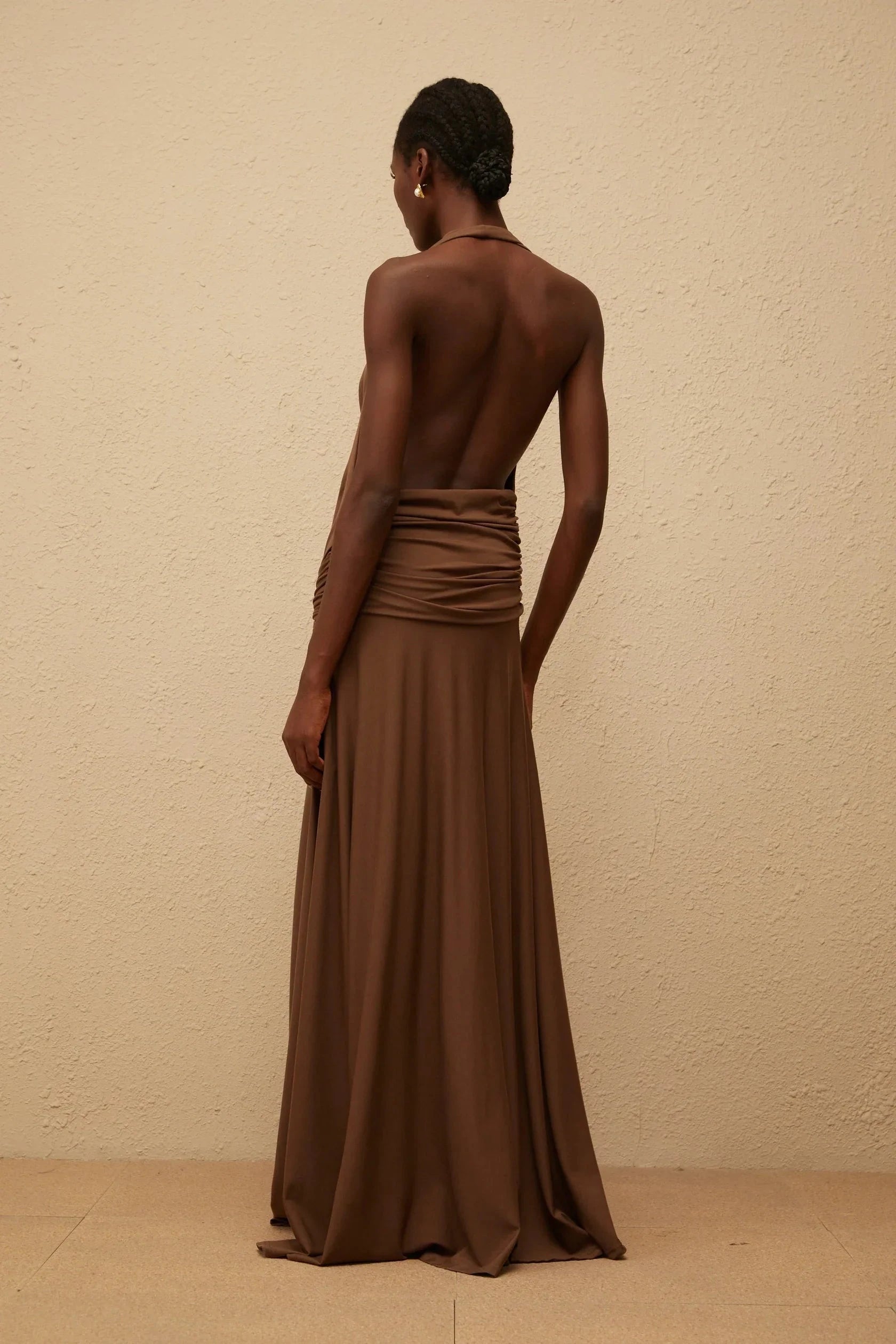 Brown Halter Neck Maxi Dress with Open Back Minna Brown Halterneck Twisted Maxi Dress Evening Dress by YiHuiw