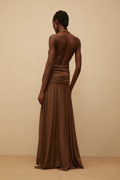 Brown Halter Neck Maxi Dress with Open Back Minna Brown Halterneck Twisted Maxi Dress Evening Dress by YiHuiw