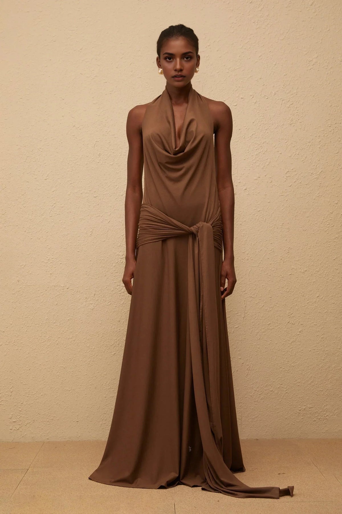 Brown Halter Neck Maxi Dress with Open Back Minna Brown Halterneck Twisted Maxi Dress Evening Dress by YiHuiw