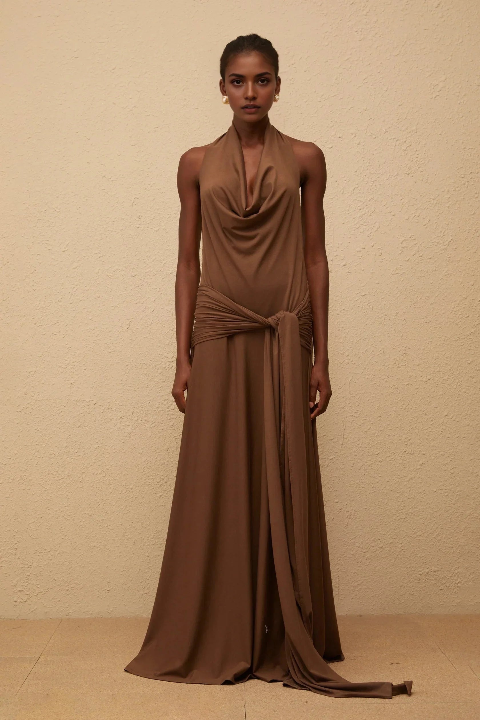 Brown Halter Neck Maxi Dress with Open Back Minna Brown Halterneck Twisted Maxi Dress Evening Dress by YiHuiw